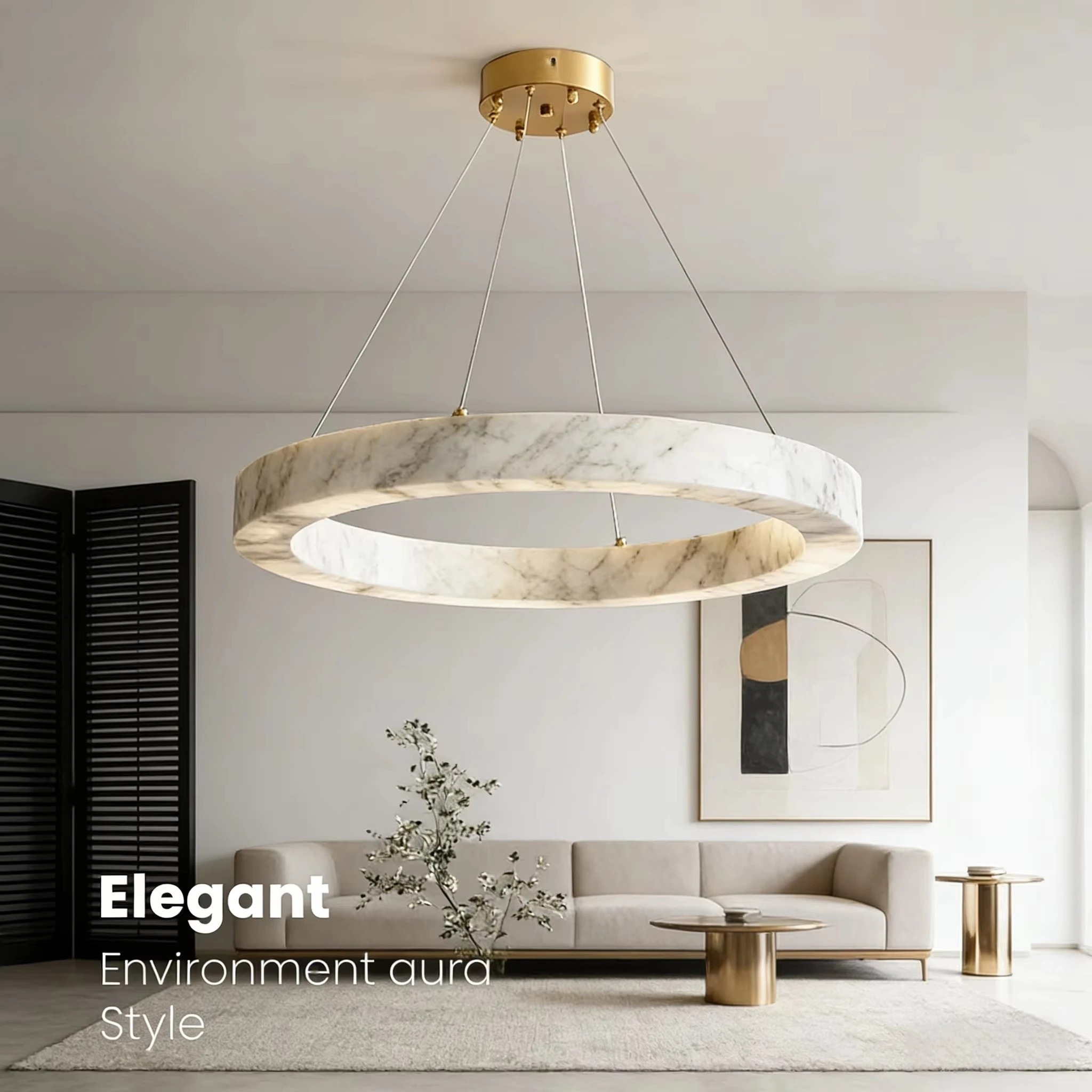 Round Faux Marble Chandelier Lights For Living Room Dining Room Resin Marble-effect Hanging Pendant Lamp Ring For High Ceiling