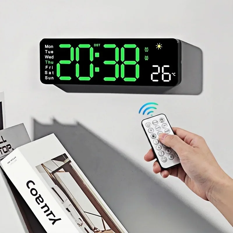 11 Inch Large Digital Wall Clock with Remote Date Week TEMP Humidity 12/24H DST Timing LED Alarm Clock for Living Room Bedroom