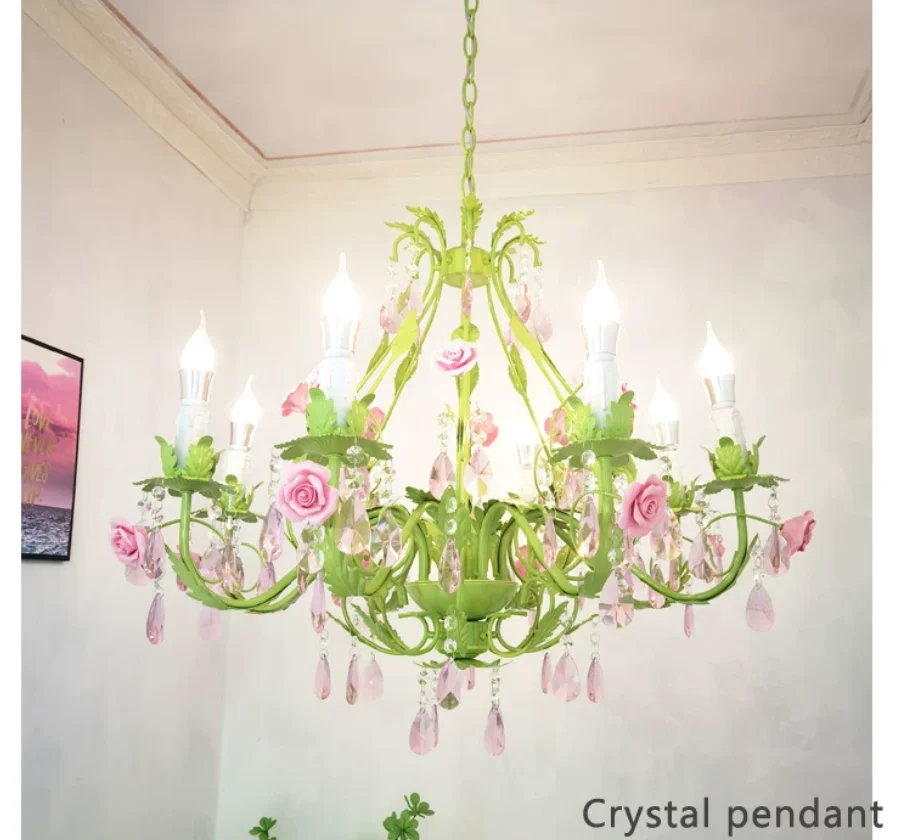 Green Pink Crystal Floral Chandeliers Candle Decora for Bar Cafe Art LED Pendent Lamp Living Room Bedroom Ceramic Hanging Lights