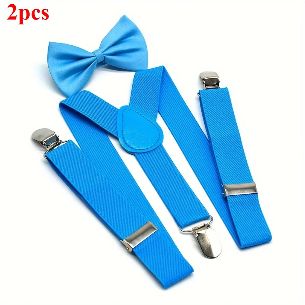 息子と娘用サスペンダーセット2個。 調節可能なYバックストラップ付きのマッチングボウタイ。