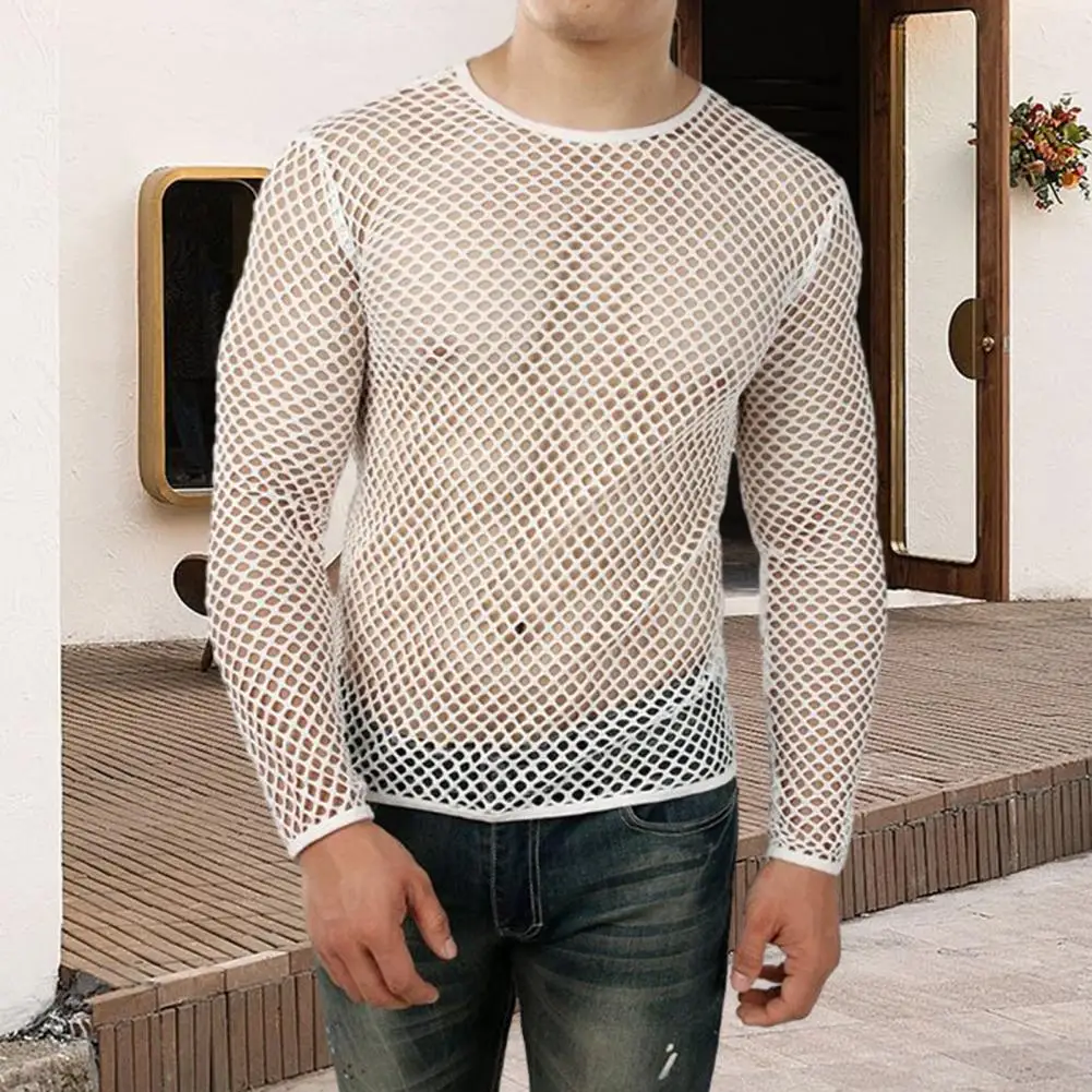 Men Mesh T Shirt Transparent Sexy Fishnet O Neck Long Sleeve Club T-shirt Party Nightclub Mesh Hollow Out See-through Tshirt