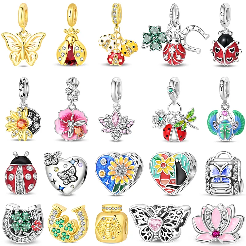 925 Sterling Silver Four Leaf Clover Flowers Butterflies Ladybug Charms Beads For Women Fit Original Bracelet DIY Jewelry Gifts