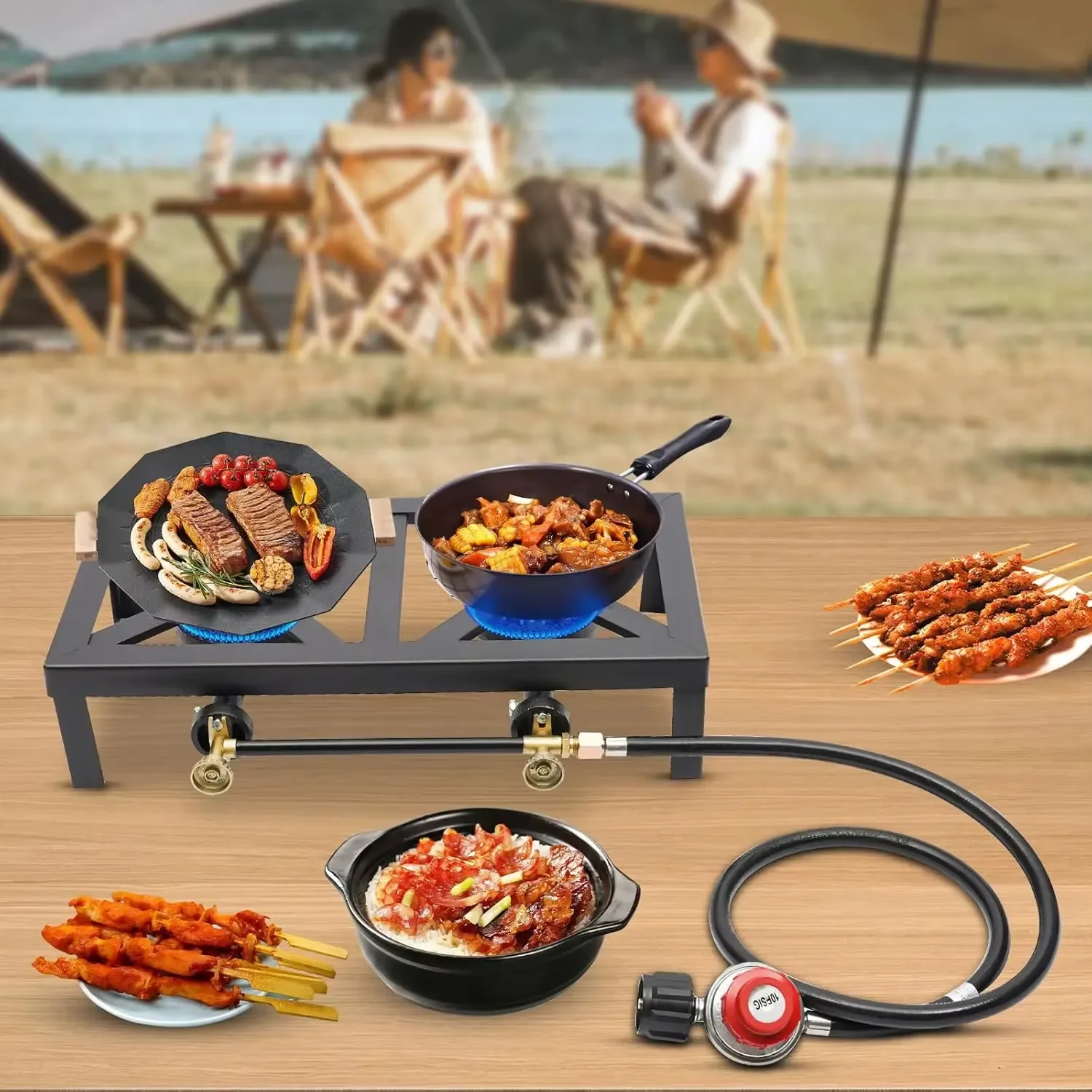 Estufa de Gas Portátil para Acampar, Estufa de Propano para Exteriores con 2 Quemadores para Barbacoa y Picnic, con Manguera Reguladora Ajustable de 0-10 Psi