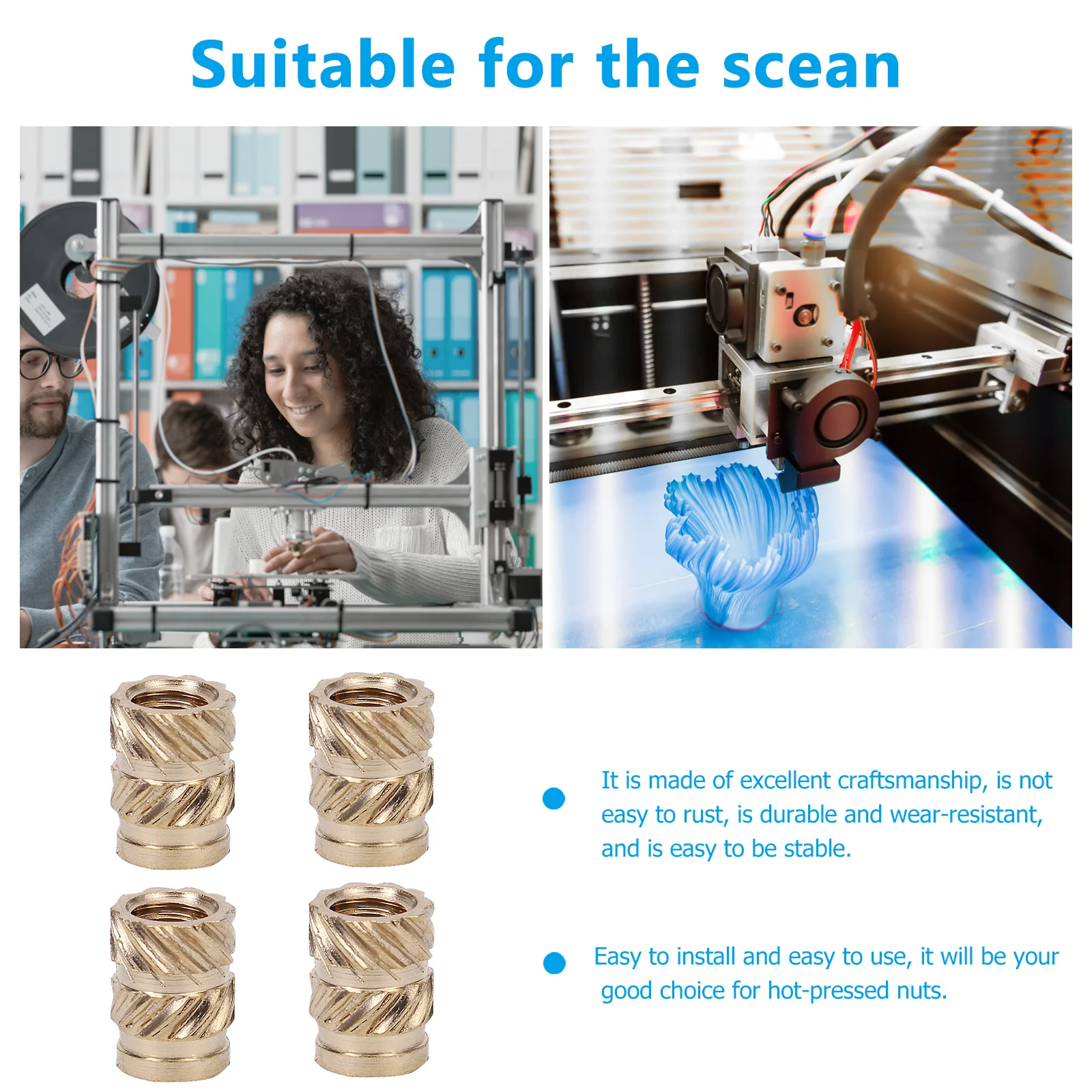 

100Pcs Professional Copper Alloy Hot-Melt Threaded Inserts Heat Set Embedment Nuts Durable Wear-Resistant for Printers
