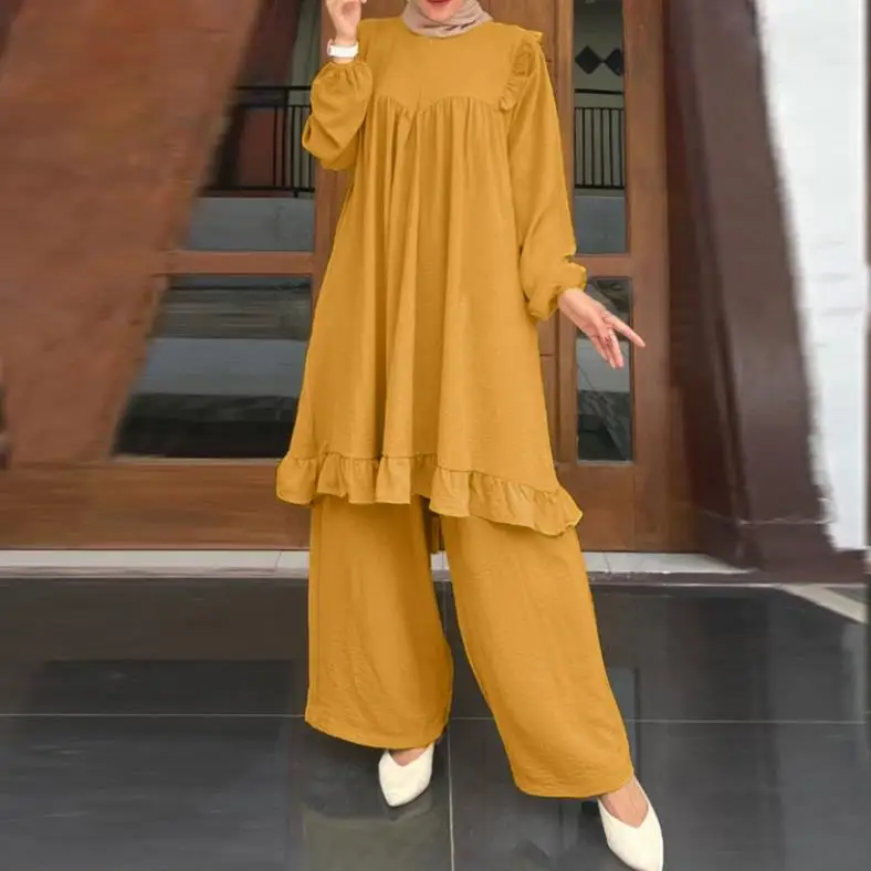 Commuter Daily Casual Ruffled Loose Sleeved Top and Patchwork Pants Set New Fashion 2023 Best-Selling Women's Clothing