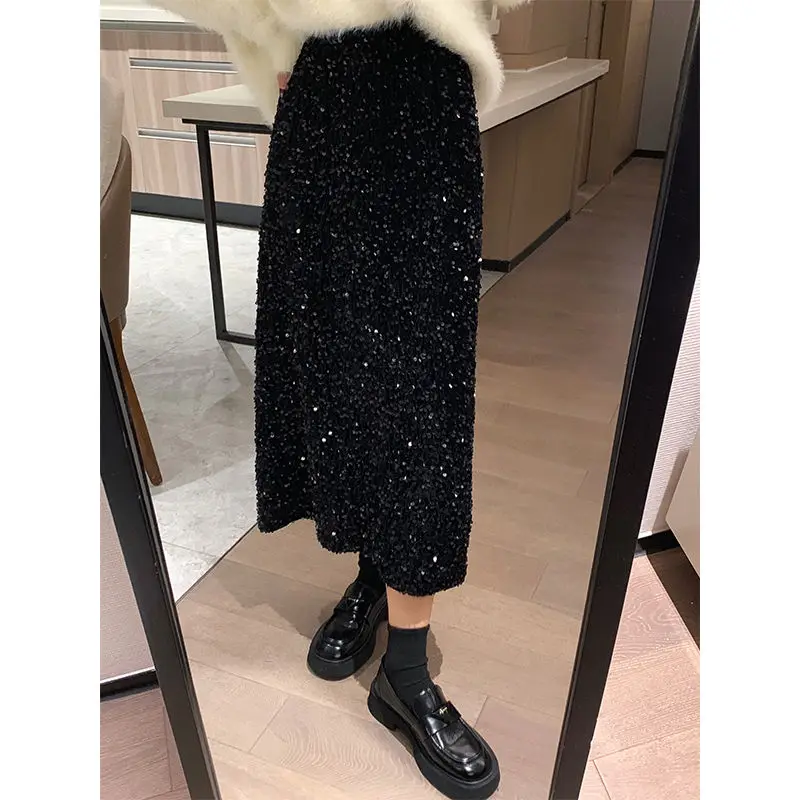 Women's Autumn and Winter Sparkling Sequined Skirt Straight Long Skirt 2024 New Style Versatile Skirt for Parties and Going Out