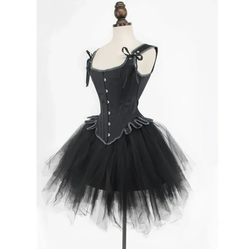 Black Gothic Corset Dress Steampunk Straps Steel Boned Corset Vest With Irregular Tutu Skirt Two Pieces Set Burlesque Costumes U