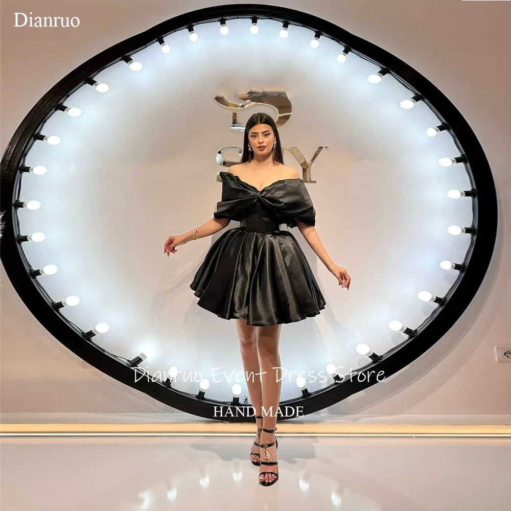 

Dianruo Maide Black Off The Shoulder Prom Dresses A Line Satin Cocktail Dresses Mini Ruched Chic Homecoming Dressess Customized