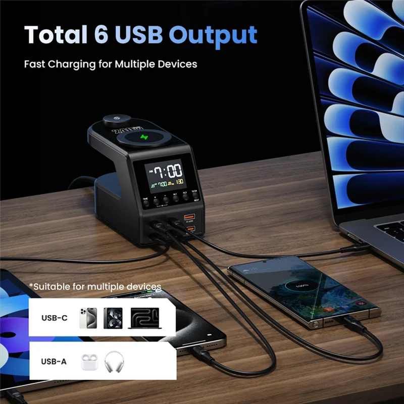 

GO-Wireless Charging Station 240W Gan With Alarm Clock Time Display 4X140w PD3.1 USB Type C Fast Charger For Ipad US Plu