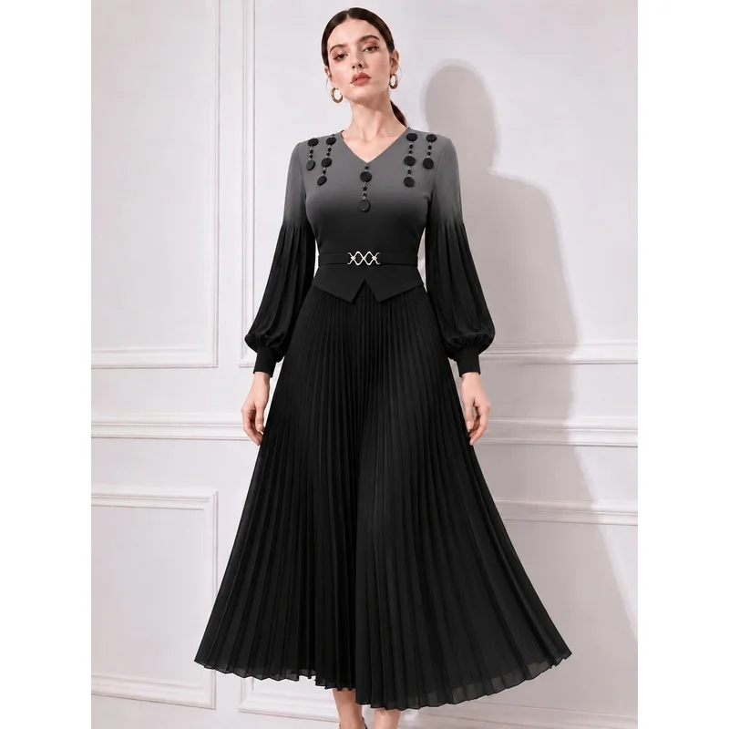 Gradient V Neck Elegant Lantern Sleeve Long Dress Miyake Style Pleating Elastic Lace Up A-Line Party Birthday Dresses Vestidos