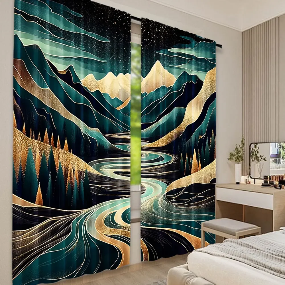 2Pcs Boho Scenery Curtain Mid Century Modern Concept Surreal Dreamy Mountains River And Clouds Suitable For Living Room