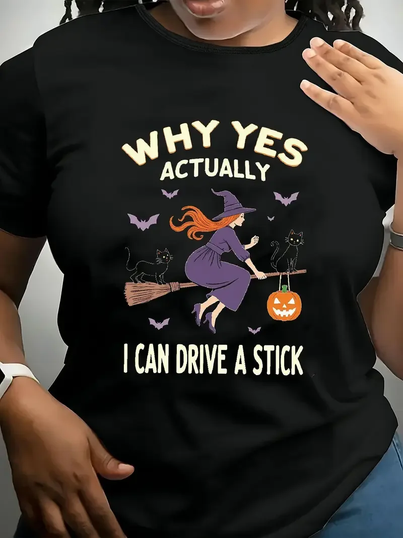 تي شيرت نسائي مطبوع عليه رسومات ساحرة باللونين الأبيض والأسود بتصميم الهلال والقمر والخفافيش، تي شيرت كاجوال فضفاض بأكمام قصيرة ورقبة دائرية #5