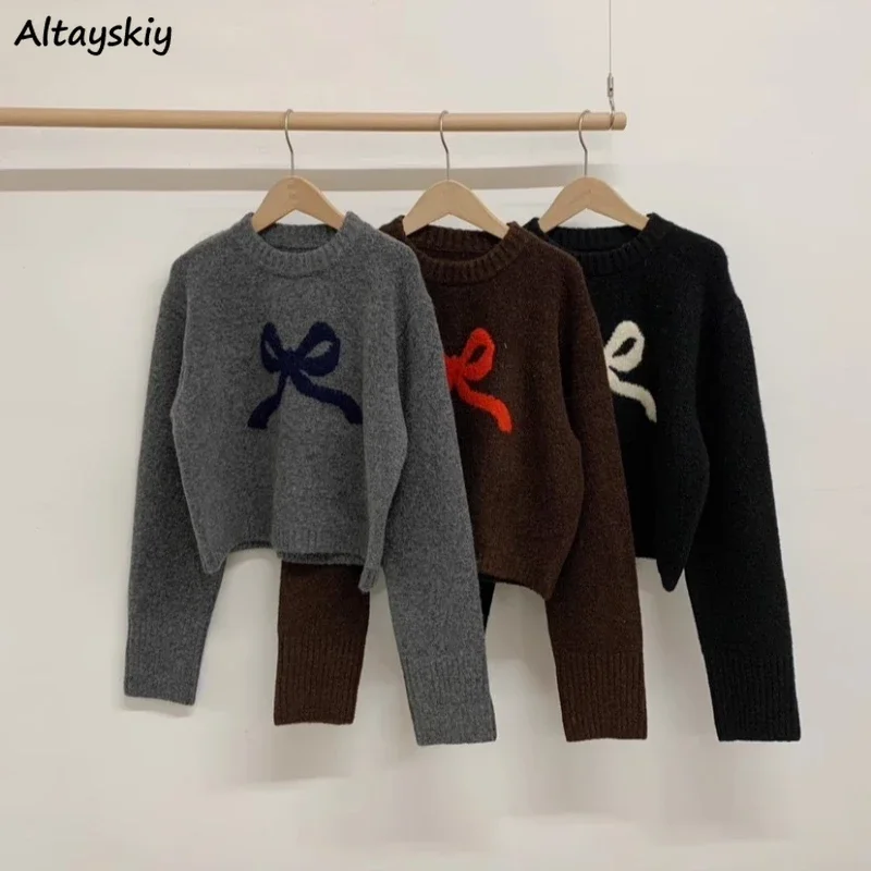 Sweaters Women Autumn Winter Crop Korean Style Vintage Soft Bow Printed O-neck Keep Warm Pullovers Design Loose Ulzzang Classic