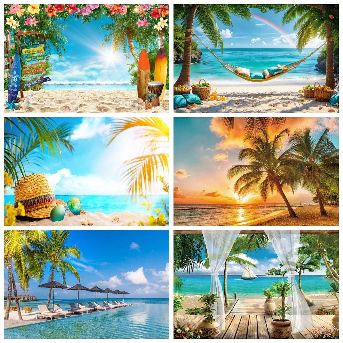 Tropical Summer Seaside Backdrop Hawaii Palm Tree Blue Sky Sea Ocean Beach Party Photo Wedding Baby Birthday Background Banner