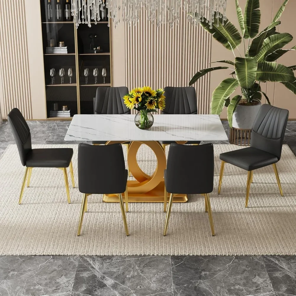 63" dining table set for 6 people, 7-piece dining table set, faux marble dining table top, gold base, 6 dining chairs