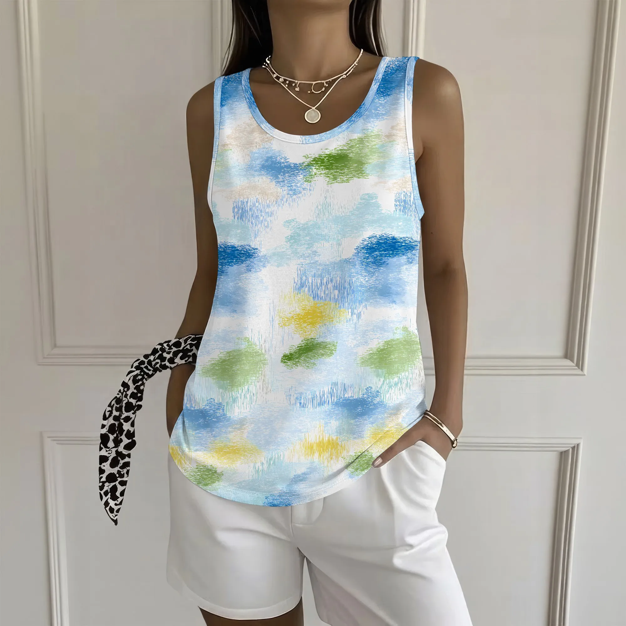 Watercolor Cloud Print Tank Top Abstract Blue Green Sleeveless Shirt Loose Fit Summer Blouse Casual Vacation Beach Wear
