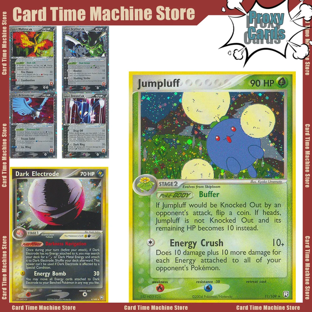 

Коллекционные карты Pokemon PTCG Team Rocket Returns (TR) Proxy: Kingdra, Moltres, Dark Steelix, Treecko. Аниме-бустер-пак PKM.