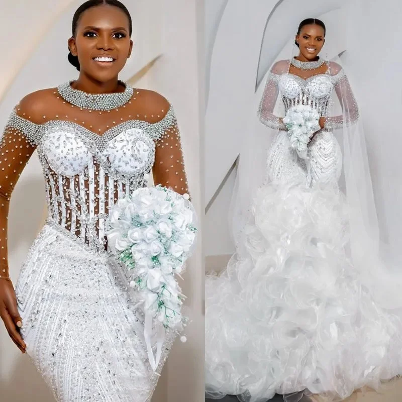 

Свадебные платья больших размеров по индивидуальному заказу, свадебные платья для невесты, свадебное платье русалки со съемным шлейфом и высокими длинными рукавами из бисера