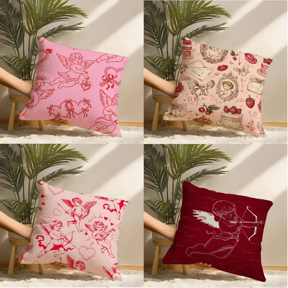 Cupid Seamless Pattern Cushion Cover Natural Linen Organic Fabric Double-Sided Printing Breathable Perfect Gift For Decor