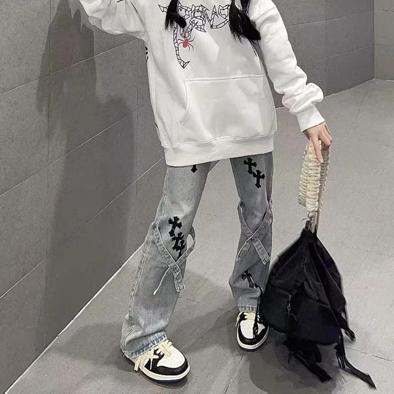 High Street Harajuku Hip Hop Dark Style Floor Mopping Pants Women Y2k High Waist Washed Streamers Ripped Oversized Jeans Men