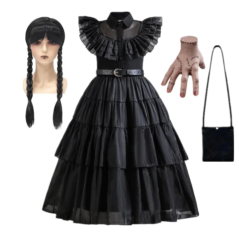 Wednesday Addam Cosplay Dress for Kids Girls Movie Wednesday Cosplay Costumes Black Gothic Dresses Halloween Party Kids Clothes