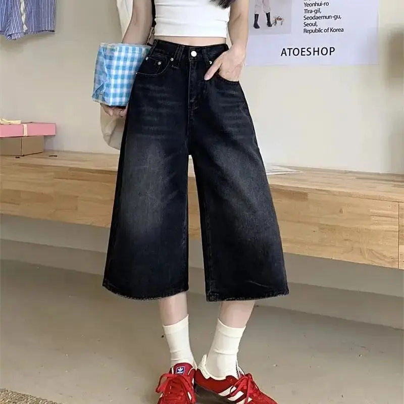 American Cropped Denim Shorts Women Spring Summer New Retro High Waist Washing Pants Loose And Versatile Casual Wide Leg Pants