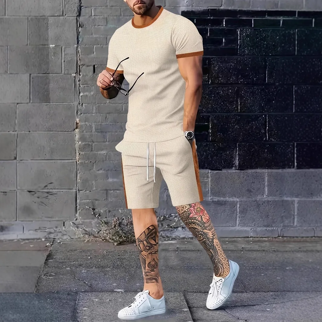

Spring and Autumn 2025 Men's Solid Color Set 2-piece, Waffle Check round neck color-blocked short-sleeved and short-shorts set
