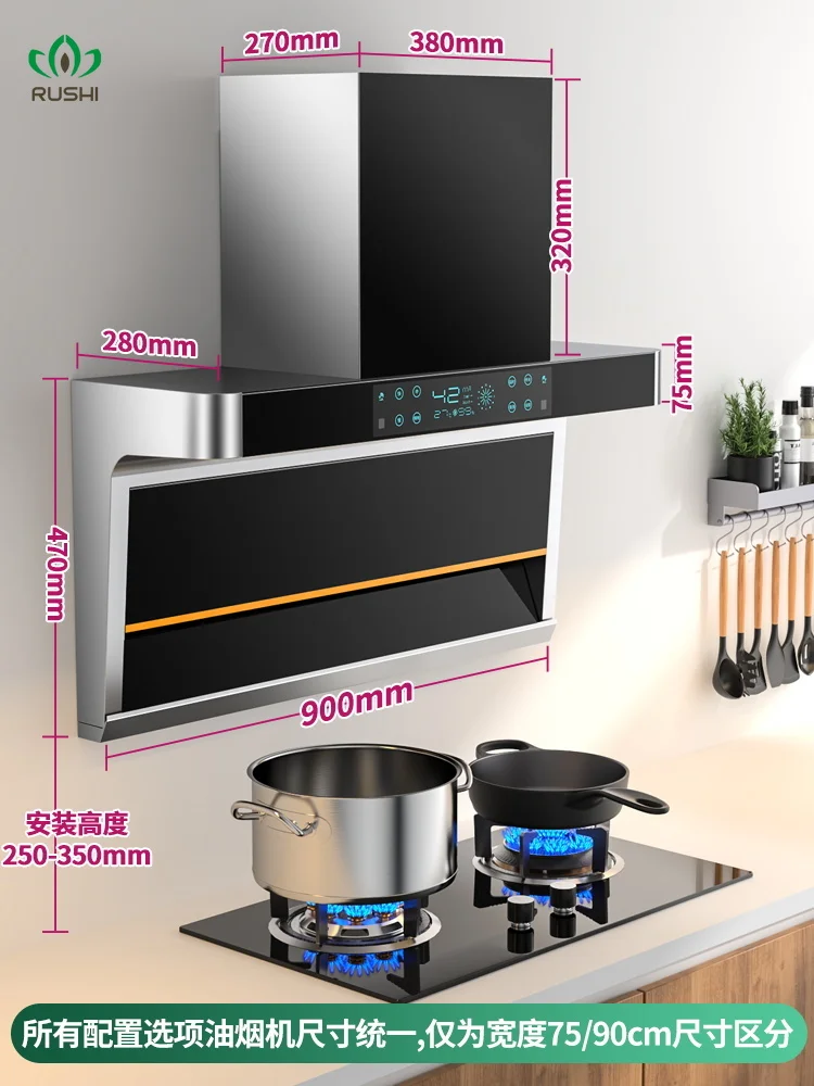 220V Household High Suction Range Hood Kitchen Side Suction Direct Suction Top Suction Range Hood 238W 75/ 90CM Vented Hood