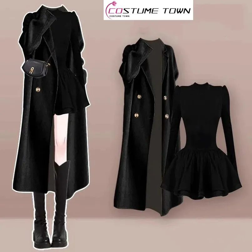 

Spring and Autumn New Fashion Set Korean Style Celebrity Woolen Coat Slimming Dress Elegant Women's Two Piece Set