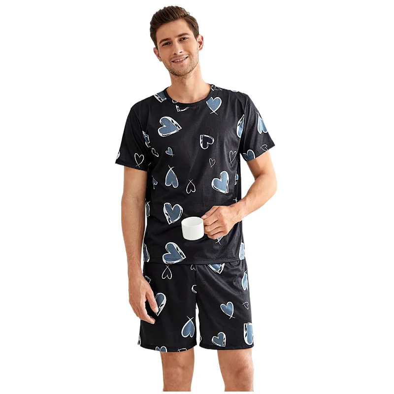

Мужской комплект для дома: футболка с круглым вырезом и шорты, простой повседневный летний комплект из двух предметов, пижама из ледяного шелка, одежда для сна
