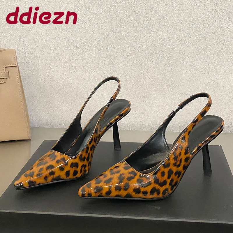 

Fashion Pointed Toe Ladies High Heels Sandals Shoes Female Slip On Footwear Leopard Print Women Heeled Sandals Shoes Pumps