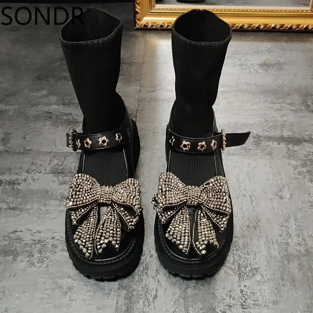 Womens Socks Rhinestones Big Bowknot Ankle Boots Belt Buckle Chunky Heel Shoes Stretchy Black X-mas Gift DIY Girls