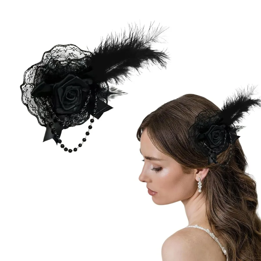 القوطية روز القوس ريشة الدانتيل مع سلسلة اللؤلؤ مشبك شعر اكسسوارات الشعر الزفاف لحفل الزفاف هالوين تأثيري حفلة عيد ميلاد Bl #1
