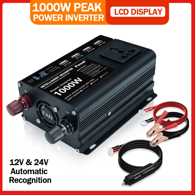 DC 12V And 24V To AC 220V Peak 1000W Power Inverter Dual Voltage LCD Display With 4 USB Universal Plug Cooling Fan Car Inverter