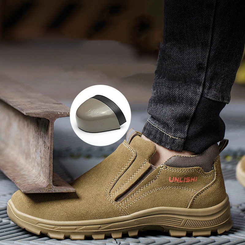 men fashion steel toe covers work shoes slip-on cow suede leather safety boots worker tooling security welding footwear protect