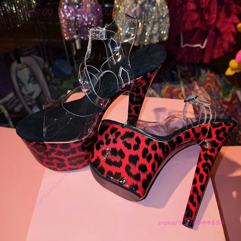 17/20cm Burgundy Leopard Print Custom Pole Dance Heels Women Round Toe Pvc Crystal Ankle Buckle Stiletto Heel Sexy Stage Shoes