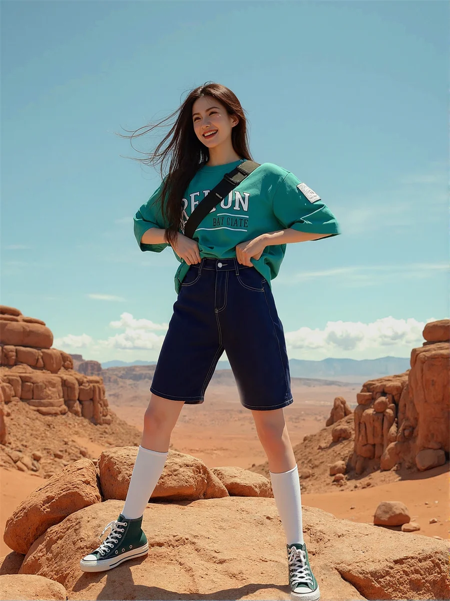 Pantaloncini da donna in tessuto denim Vinatge minuscolo giarrettiera da badminton combinazione diagramma treino corrida motociclista personalizzati