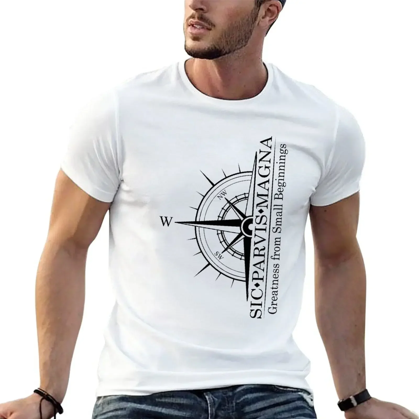 Sic Parvis Magna Design 3 with Compass T-Shirt korean fashion cute tops T-shirts for men cotton