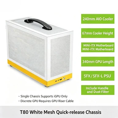 T80 Mini ITX PC Case, White Quick‑Release Dense Mesh Panel, Hand‑held Portable Desktop Chassis, Support 240mm Water Cooling