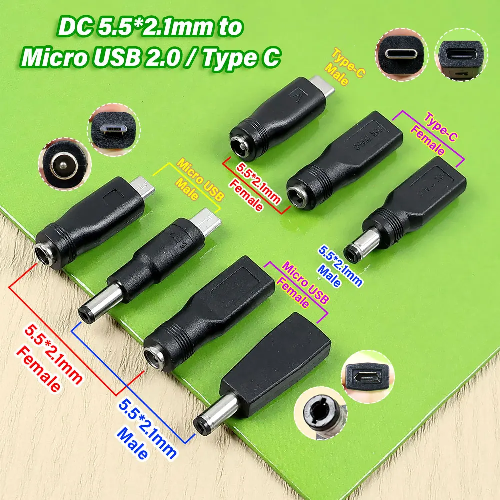 For-Fun 2PCS Type-C & Micro USB 2.0 to DC 5.5x2.1mm Power Jack Adapter Plug USB C to DC 5521 Male Female Connector 5V Interface