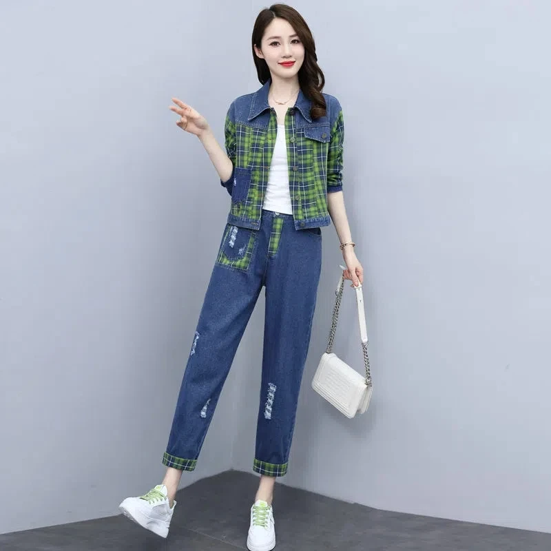 Łączone Plaid Casual Denim dres Streetwear Crop kurtka dżinsowa i spodnie do kostek Harem garnitur dwuczęściowy zestaw kobiet stroje