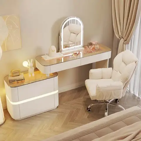 미적 유리 드레싱 테이블 캐비닛 보관 의자 서랍 조명 드레서 흰색 현대 Coiffeuse De Chambre 드레서 가구