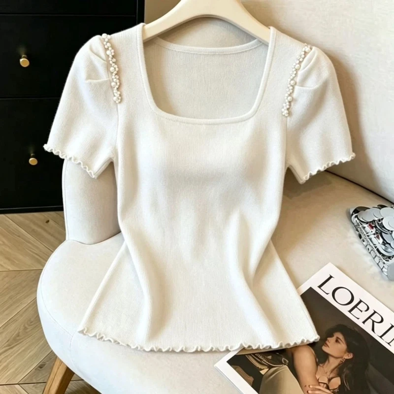 Short Sleeve Solid Simplicity Ice Silk Slim Korean Pullovers Women Clothing Slim All-match Sweet T Shirts Elegant Korean Summer