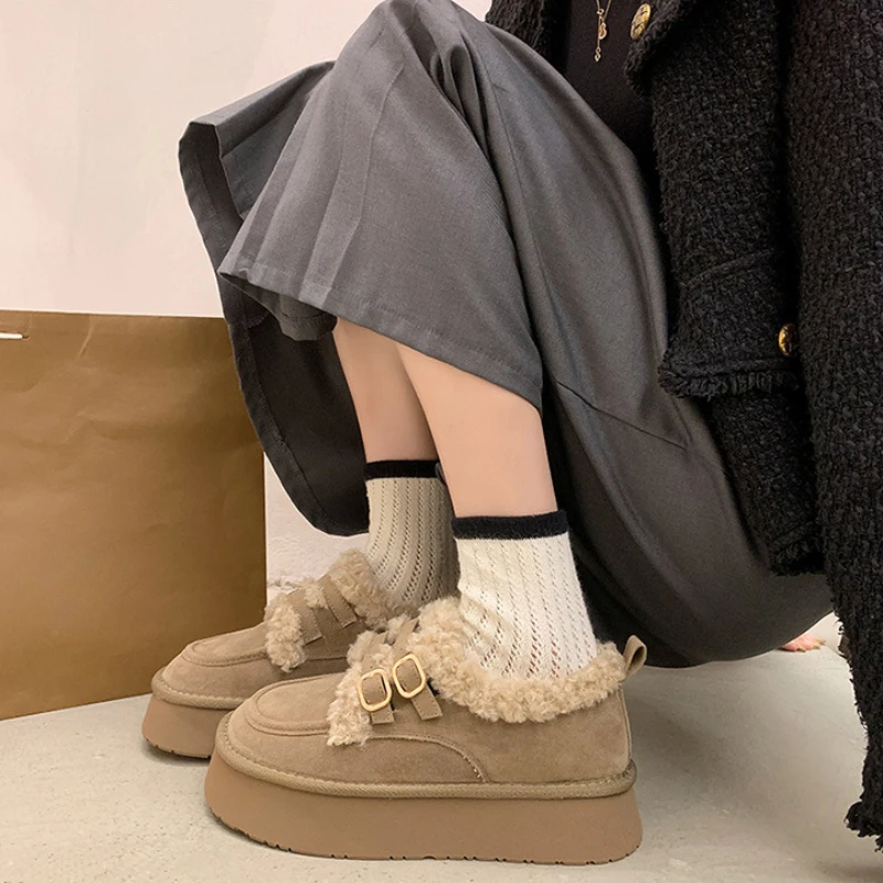 Fur Snow Ankle Boots Women Winter Platform Flats Shoes 2024 Fashion Warm Short Plush Shoes Walking Suede Cotton Femme Booties