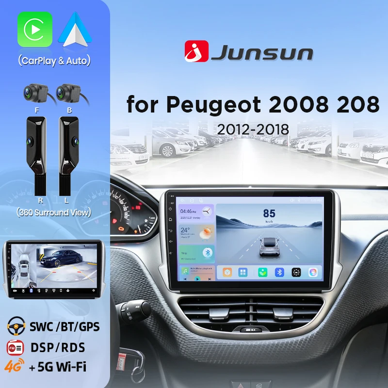 Junsun 8-Core 360 ° Autoradio con Telecamera per Peugeot 2008 208 2012 - 2018, Schermo Wireless CarPlay, Android Auto, Stereo GPS, Navigatore RDS