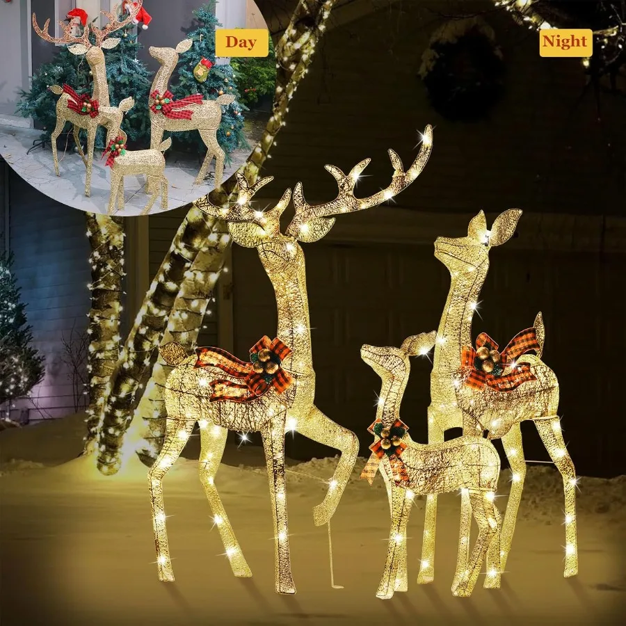 Conjunto de decoração de Natal ao ar livre para família de renas iluminadas de 3 peças com 210 luzes LED para decorações de férias de quintal 58''H animado