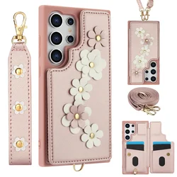 Crossbody Leather Rope Wallet Wrist Strap Phone Case for Samsung S26 S25 S24 Plus S23 FE S22 Ultra A55 A54 A53 A35 A15 A13 Cover