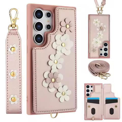 Crossbody Leather Rope Wallet Wrist Strap Phone Case for Samsung S25 S24 Plus S23 FE S22 Ultra A55 A54 A53 A35 A34 A15 A13 Cover