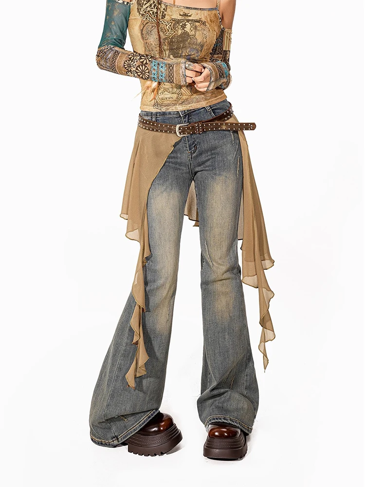 REDDACHiC Uitlopende jeans voor dames met klinknagels Riem Onregelmatige ruches Wikkelrok Zakken Stretch Denim Broek Straat Y2k Bell Bottoms