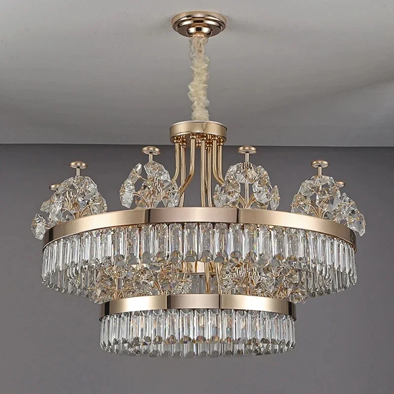 Postmodern Light Luxury Double-Layer Crystal Chandelier Villa Building Duplex Building Home Atmosphere Living Room Pendant Light